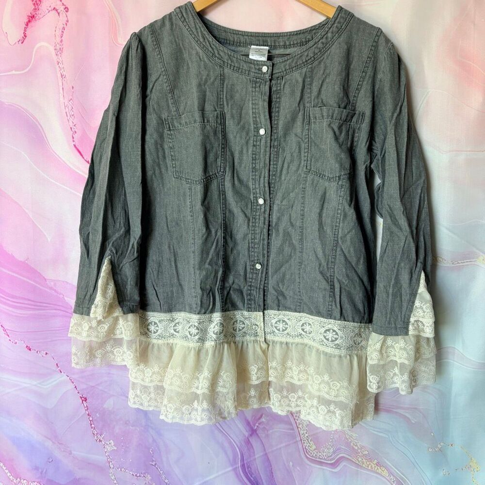 Gray Denim Button Down Blouse Top Lace Ruffle Romantic Boho Hippie Preppy Artsy